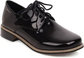 Women's Classic Lace Up Loafers Flats Round Toe Patent Leather Low Heel Work Office Dress Oxford Shoes