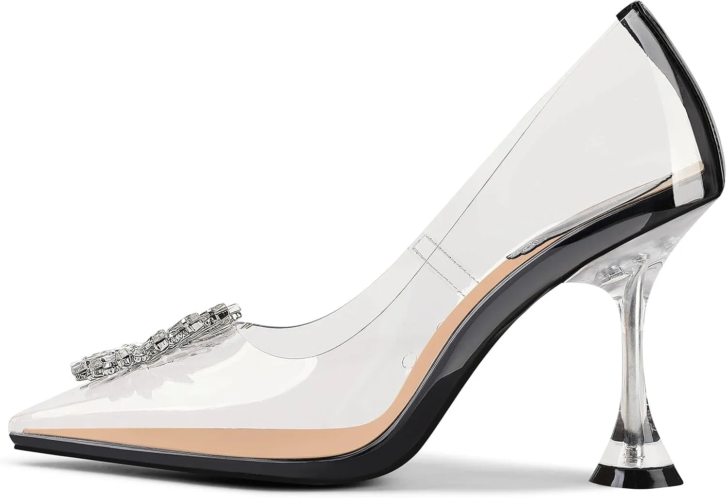 Women's Clear Heels Rhinestones Crystal Pumps Pointed Toe Slip On Transparent High Heel Sandals