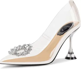 Women's Clear Heels Rhinestones Crystal Pumps Pointed Toe Slip On Transparent High Heel Sandals
