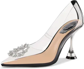 Women's Clear Heels Rhinestones Crystal Pumps Pointed Toe Slip On Transparent High Heel Sandals