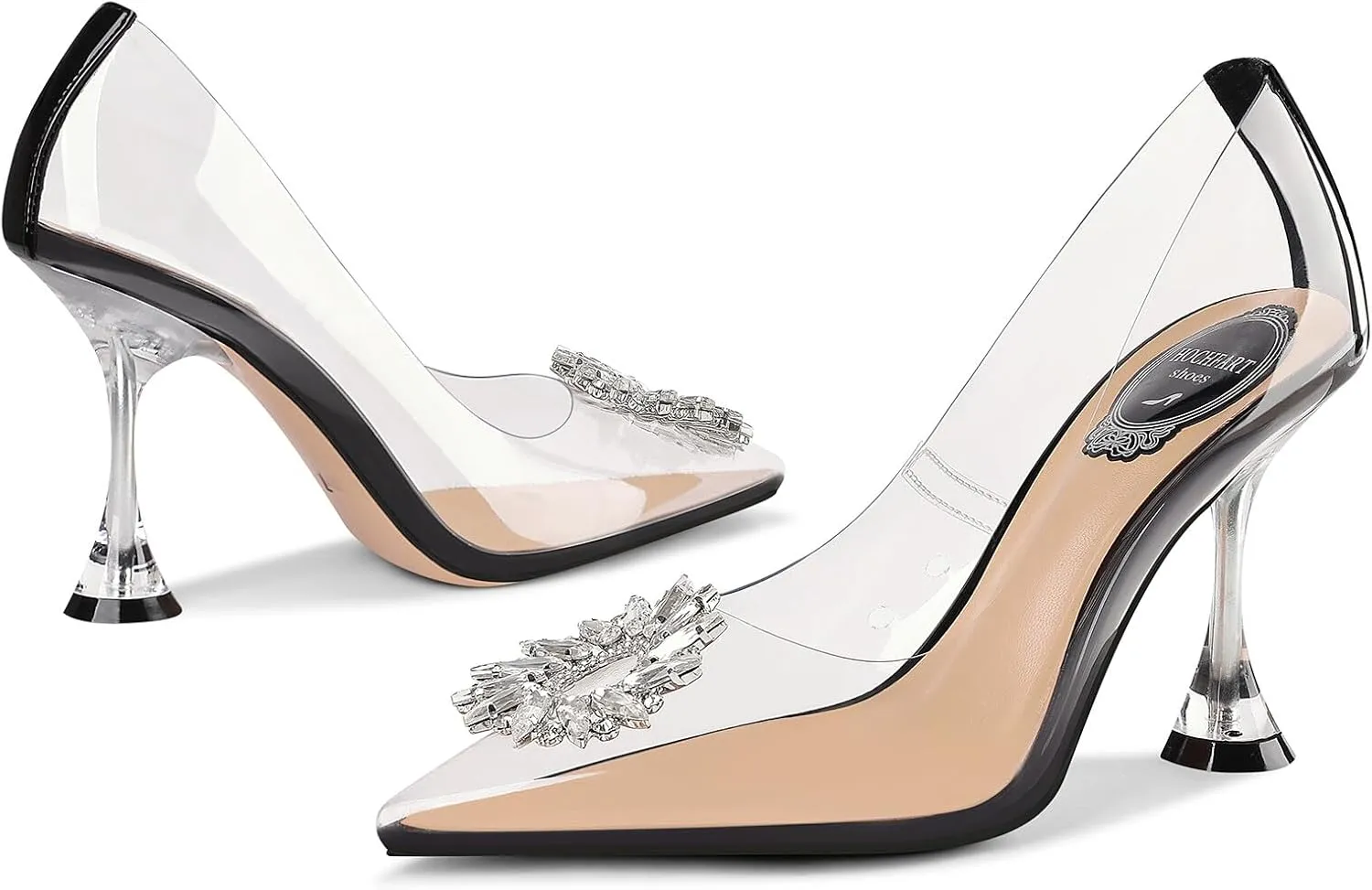 Women's Clear Heels Rhinestones Crystal Pumps Pointed Toe Slip On Transparent High Heel Sandals
