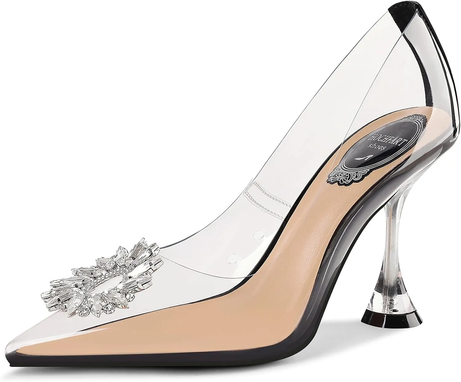 Women's Clear Heels Rhinestones Crystal Pumps Pointed Toe Slip On Transparent High Heel Sandals