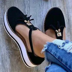 Women's Flatform Sandals Soft Sole Comfy Flats Platform Tassels Canvas Shoes Closed Toe Sandal Summer Casual Suede Loafers,Black,US10/EU42
