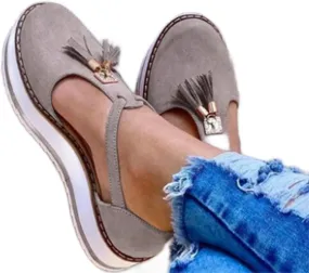 Women's Flatform Sandals Soft Sole Comfy Flats Platform Tassels Canvas Shoes Closed Toe Sandal Summer Casual Suede Loafers,Gray,US11/EU43