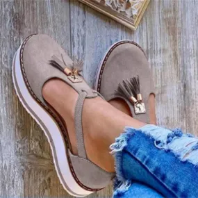 Women's Flatform Sandals Soft Sole Comfy Flats Platform Tassels Canvas Shoes Closed Toe Sandal Summer Casual Suede Loafers,Gray,US8/EU40