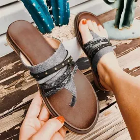 Women'S Vintage Studded Snake Print Colorblock Thong Canvas Flat Sandals 04941540C
