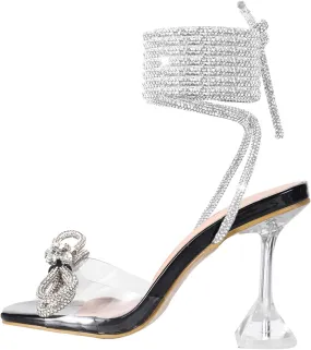Yolkomo Women's Square Toe Clear Heels Sexy Rhinestone Bow Heels Open Toe Ankle Strap Stiletto High Heel Sandals