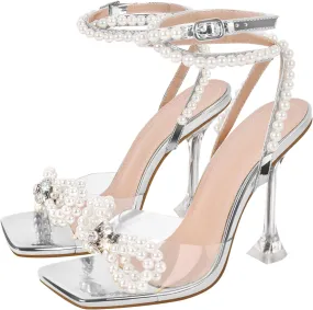 Yolkomo Women's Square Toe Clear Heels Sexy Rhinestone Bow Heels Open Toe Ankle Strap Stiletto High Heel Sandals